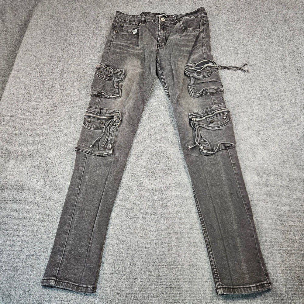 Serenede Mens Fitted Denim Cargo Jeans Black Faded Stretch Streetwear Size 34
